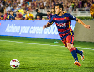 PASADENA, CA - JULY 21: Pedro #7 of Barcelona brings the ball down the wing during the International Champions Cup 2015 match between FC Barcelona and Los Angeles Galaxy at the Rose Bowl on July 21, 2015 in Pasadena, California. Barcelona won the match 2-1 (Photo by Shaun Clark/Getty Images) *** Local Caption *** Pedro